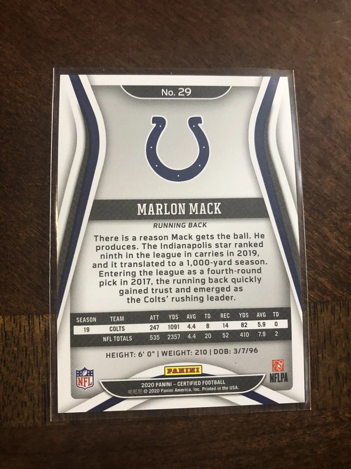 2020 PANINI CERTIFIED SILVER #29 MARLON MACK 345/450 COLTS - Image 2 of 2