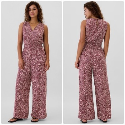 NEW Gap Floral Smocked Waist Wide Leg Jumpsuit Burgundy Size L