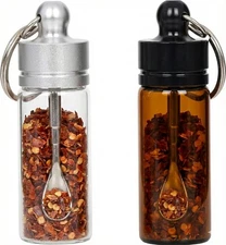 Travel Spice Containers with Spoon - Mini Glass Vial Keychain Case 2pack