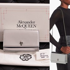 NEW $990 ALEXANDER MCQUEEN Glazed SHINY SILVER Leather MINI SKULL Chain BAG NIB