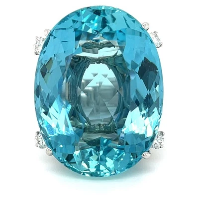 14k or Blanc Ovale 60.05 CT Aigue-Marine Bague W / 0.55 CT Dia Accents Sz 6.5 - Photo 1/4