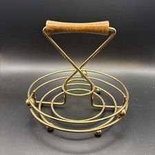Vintage MCM Atomic Condiment Caddy Round Metal w/ Wood Handle Rack Holder Retro