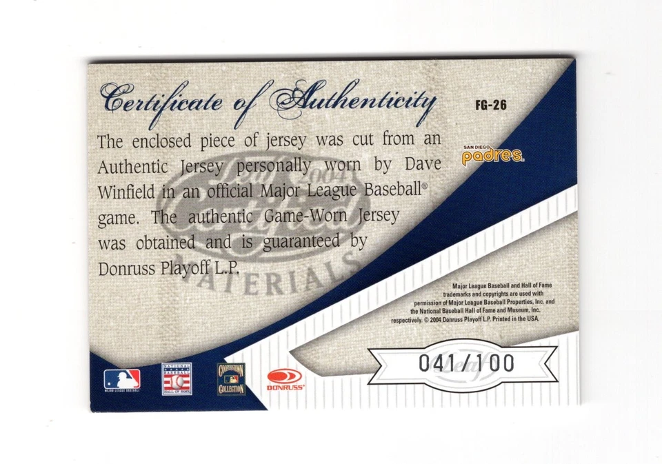 2004 Leaf Certified Materials Fabric of the Game #FG26 Dave Winfield [41/100] - Image 2 of 2