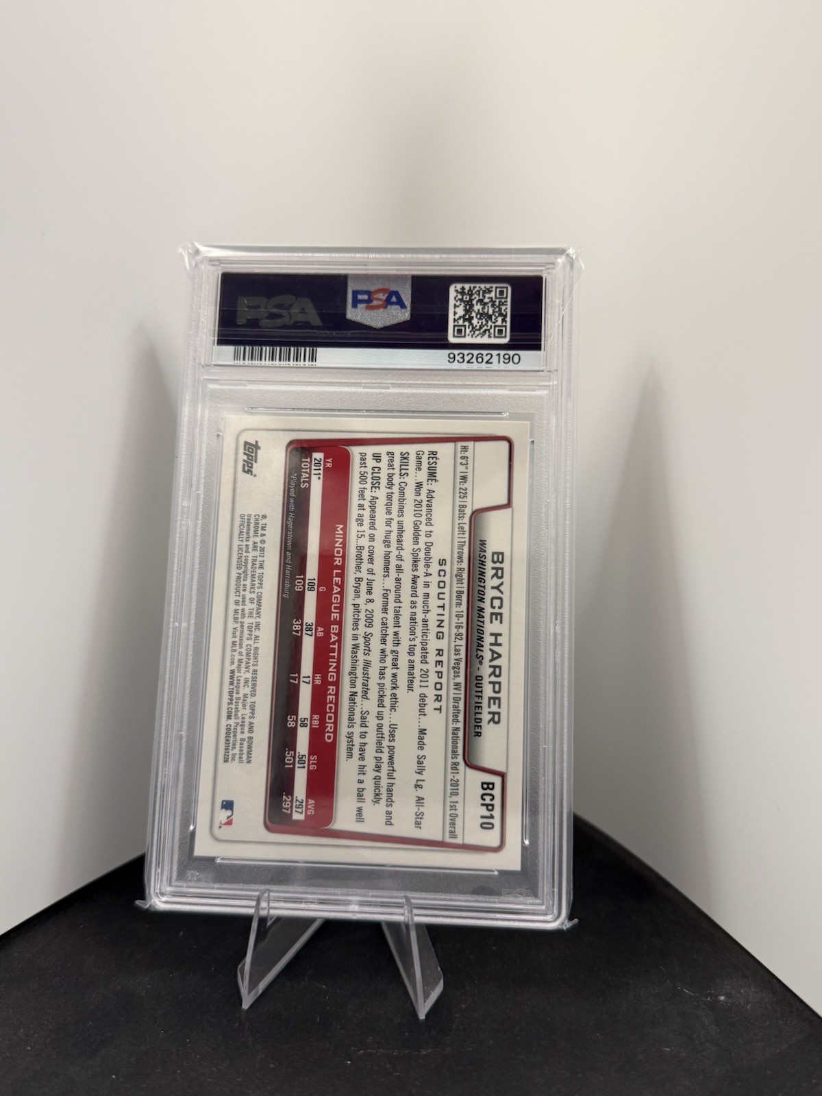 2012 Bowman Chrome Prospects #BCP10 Bryce Harper RC Rookie PSA 10 view 2