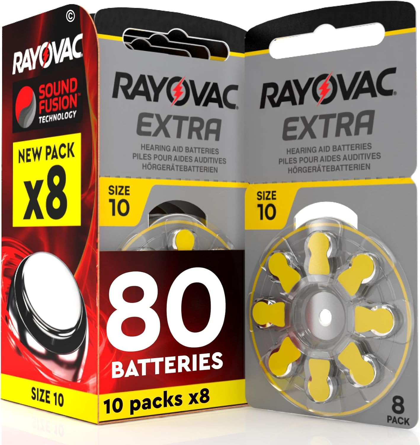 80 Batterie Rayovac Extra 10 Gialle - Scorta 10 Blister per Protesi