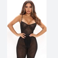 NWT Fashion Nova Black Mesh Rhinestone Bodysuit S
