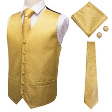 Wedding Formal Mens Waistcoat Gold Paisley Vest Tie Handkerchief Cufflinks Coat