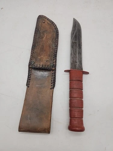 VINTAGE KA-BAR WW2? USMC U.S. MILITARY MARINES FIGHTING KNIFE W/ LEATHER SHEATH