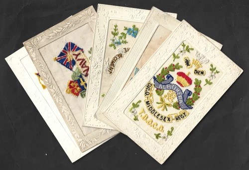 5 X WW1 MILITARY REGIMENT EMBROIDERED SILK POSTCARDS YORKSHIRE GLOUCESTER NAVY