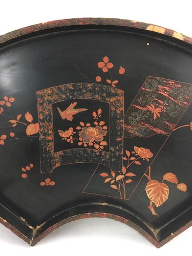 Pink Sparrows and Flowers on Black Vintage Japanese Lacquerware Tray 21.5" - Picture 5 of 11
