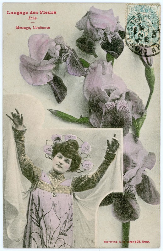 Antique 1908 French Postcard Fleur Language Woman in IRIS Costume w Flower Crown