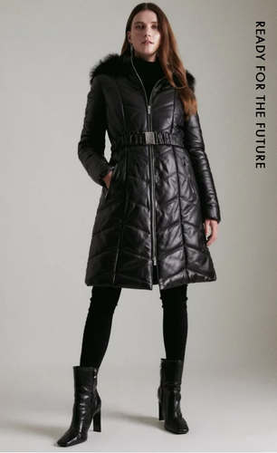 Hooded Padded Leather Puffer Coat 