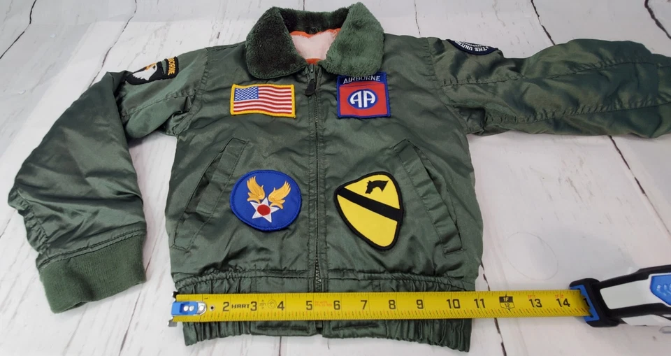 MILITARY Flight Jacket w 6 x Patch, Boys Sz S, Green Bomber Airborne Air Assault - Image 2 of 4