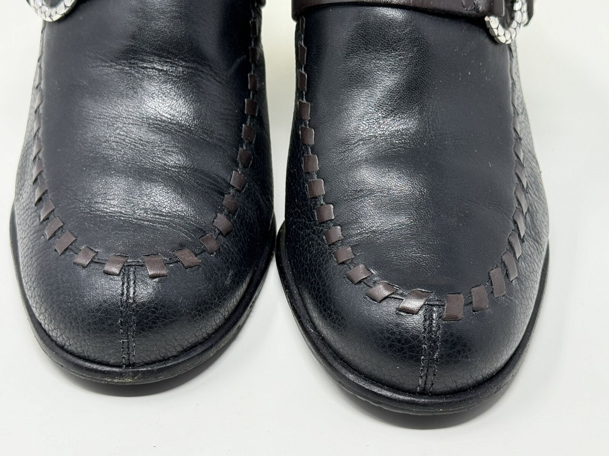 Brighton Gemini Mules Brown & Black Leather with Silver Decorative Buckle Sz6.5M Brighton Black Brown Croco Theme Slip-on Mules Studded Heels  main image 4