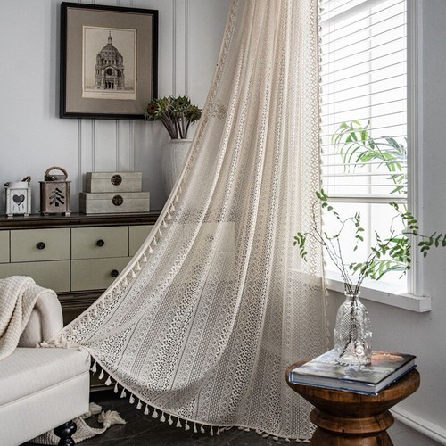 Boho Tassel Crochet Curtain Geometry Striped Knitted Lace Hollowed-out Home Deco