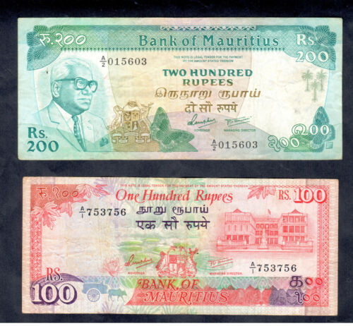 Lot de 2 billets d'Ile Maurice 100 et 200 Rupees - Zdjęcie 1 z 2