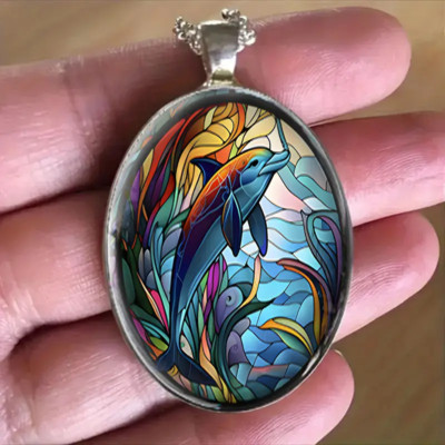 Dolphin Oval Jewelry Vintage Silvery Nature Sea Animal Pendant Necklace A