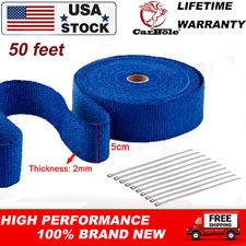 2" x50ft Roll Blue Header Turbo Pipe Manifold Exhaust Heat Wrap Tape W/ 10 Ties