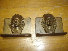 Antique ~ Pair Cast Iron Indian Headdress Bookends Orig. Paint ~  #4173