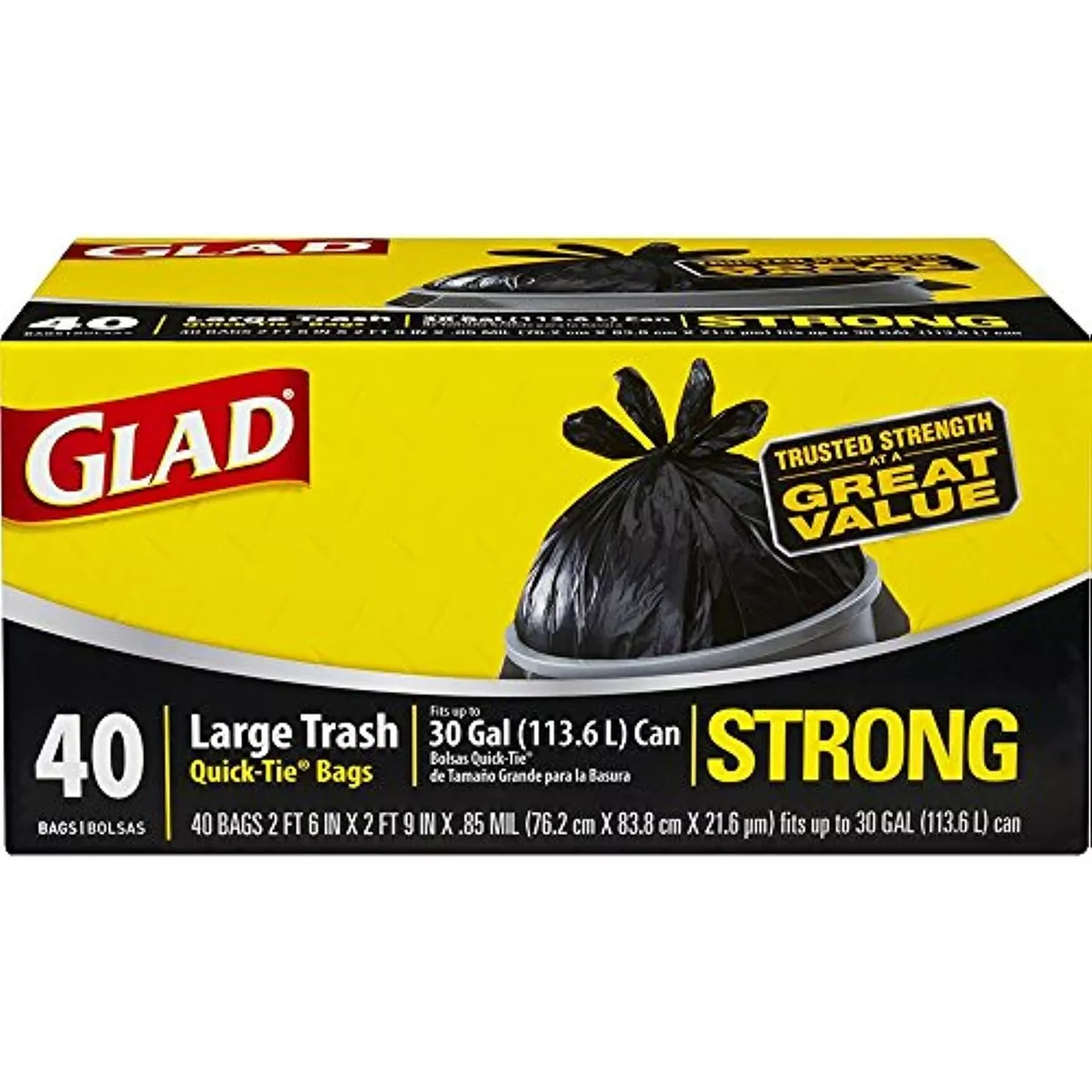 Glad Large Quick-Tie Trash Bags - Extra Strong 30 Gallon Black Trash Bag -  40