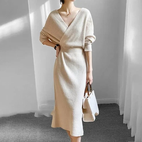 Vestido midi tejido para mujer cuello en V elegante suéter vestidos invierno damas - Imagen 2 de 30