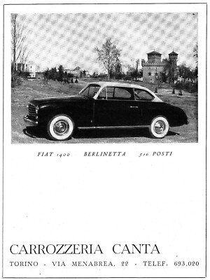 PUBBL. 1951 Fiat 1400 Berlinetta 5/6 SEATER BODYWORK CANTA TORINO 