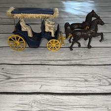 Vintage Cast Iron Stanley Toys 2 Horse Carriage Surrey w/ Fringe Top Canopy