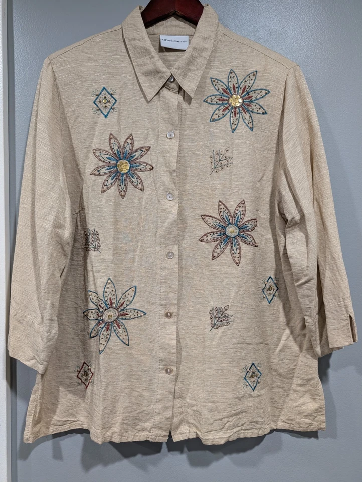 Blusa Alfred Dunner 100% Seda Beige Cuentas Talla 16 Manga 3/4 Top Boho HippieCore Foto 2 de 4