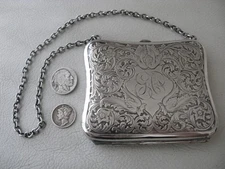 Antique Art Nouveau Silver Metal Floral Leaf Card Case Purse Monogram EAP