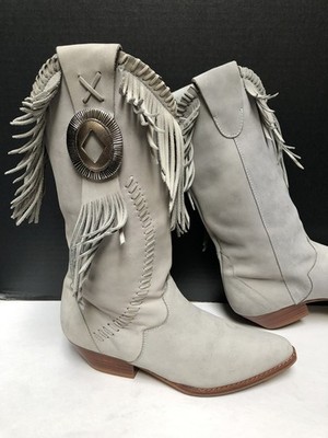 Vintage 80s Circle S Gray Leather Fringe Western Cowboy Boots Women s 6M