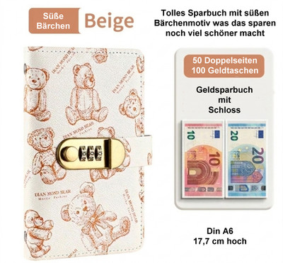 Spar-Challenge-Buch, Bargeldsparbuch mit 100 Geldtaschen Budgetplaner Bär Beige