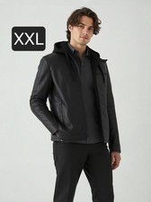 Men's Black Leather Motorcycle Jacket with Quilted Lining Removable Hood - XXL