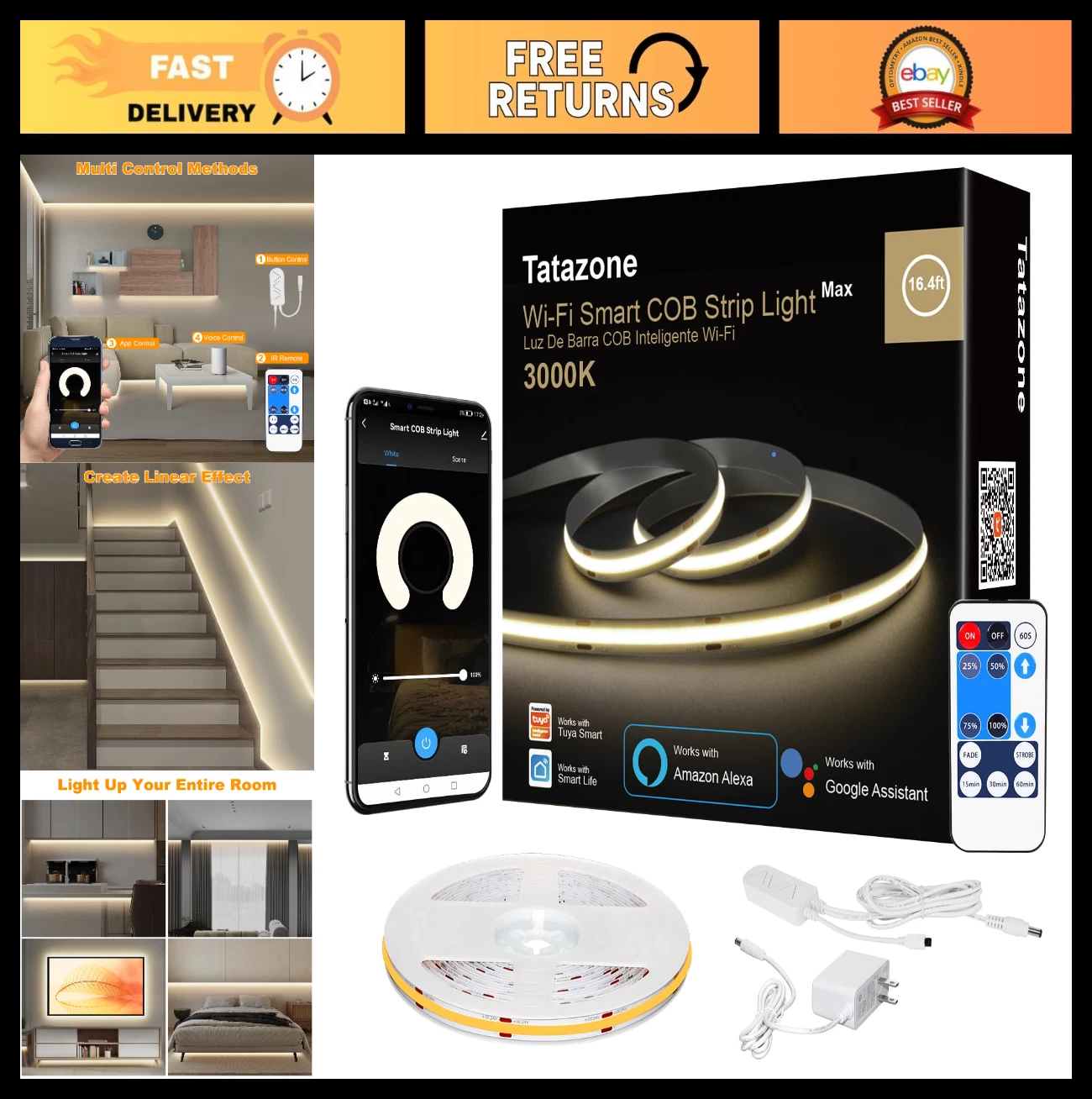 Dimmable 16.4ft Smart COB LED Strip Light, Warm White 3000K, WiFi & App Control,