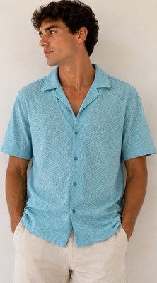 Topman Blue Geometric Print Cotton Short Sleeve Button-Up Spread Collar M