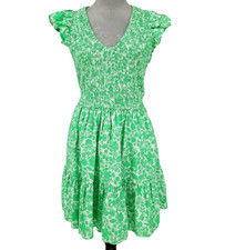 UNIVERSAL THREAD Green/White Floral SMOCKED DRESS Tiered Peasant Flutter Slv XL