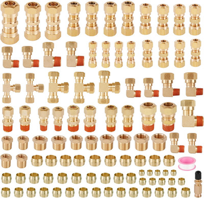 119PCS DOT Air Line Fittings Kit, Brass Compression 6 Size 1/4'' 1/8'' 3/8'' 1/2'' 5