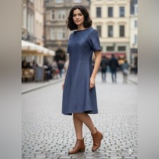 Banana Republic Navy Blue Textured Frayed Trim Fit & Flare Dress Sz 6