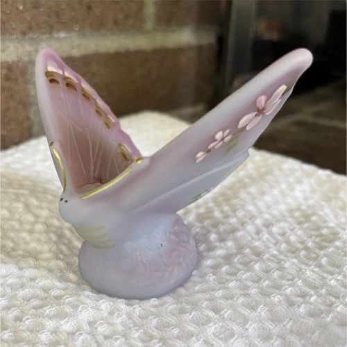 Fenton Hand Painted Blue Burmese Glass Butterfly Figurine Signed by C Smith
