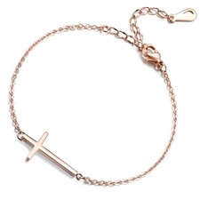 Stainless Steel 18K Yellow Rose Gold Plated Sideways Cross Adjustable Bracelet F