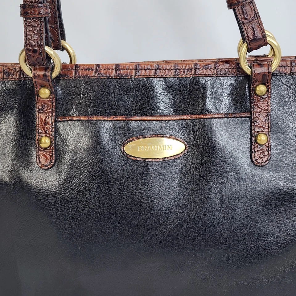 Brahmin Tote Shoulder Bag Black Brown Croc Embossed Leather Satchel Golden H - Image 3 of 4