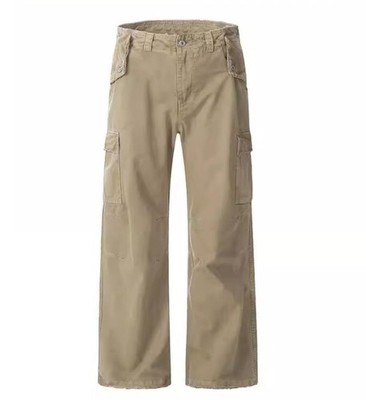 Men's Khaki Cotton Blend Straight Leg Casual Pants Trousers Cargo Pockets Hippie
