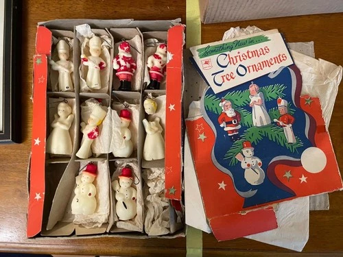 Set Of 9 Wax Christmas Tree Ornaments Tavern Candles Santa Soldier Angel Vtg - product listing photo