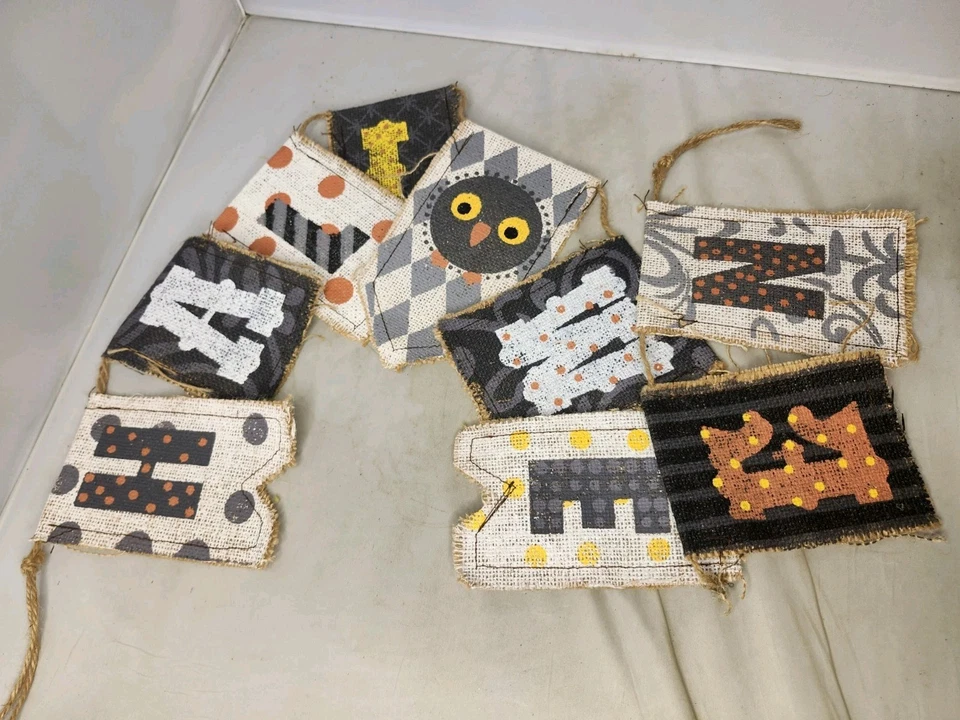 Guirnalda de colección con letras de Halloween arpillera búho pájaro fiesta decoración primitiva Foto 2 de 4