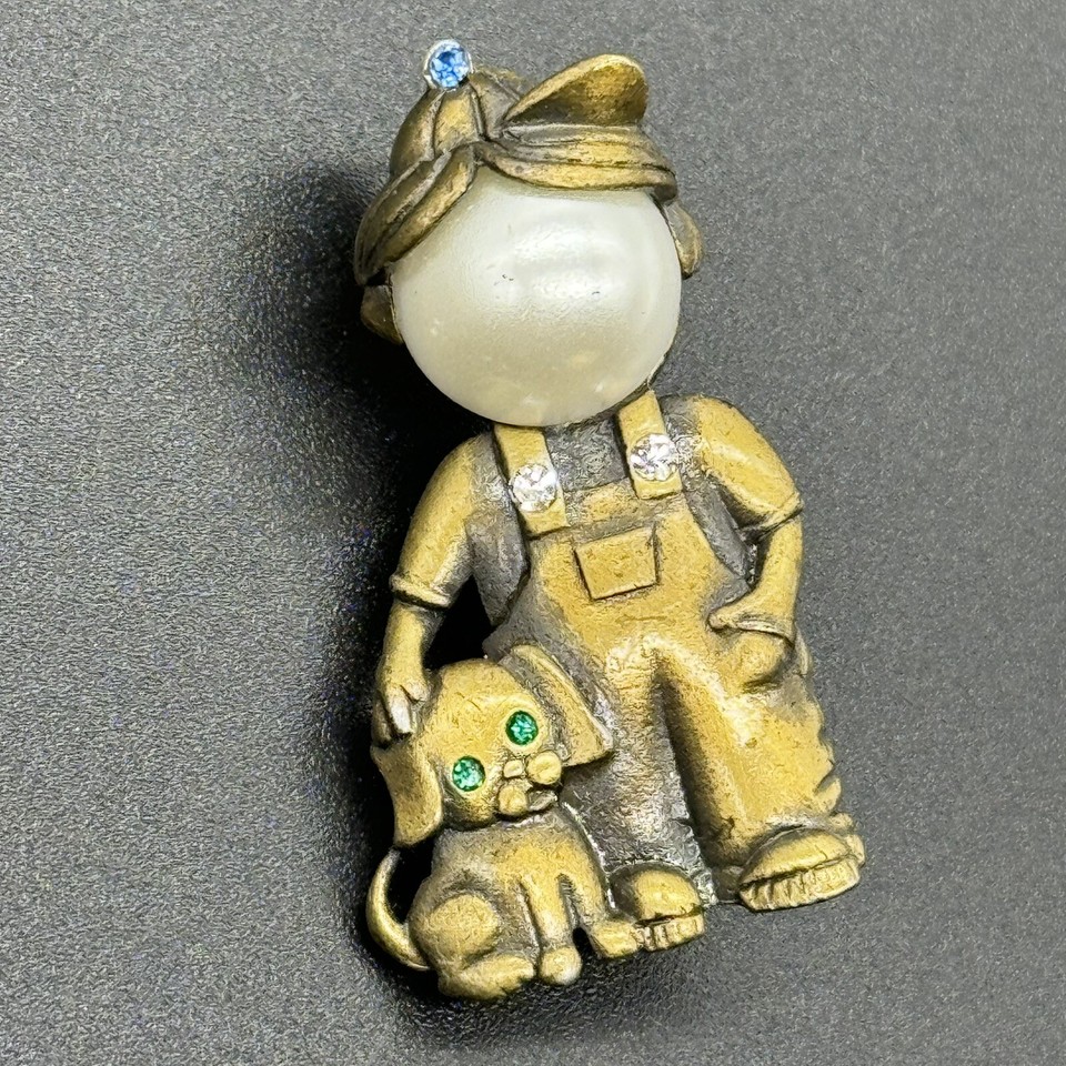 Vintage Signed JJ Boy & His Dog Brooch Pin Rhinestone Faux Pearl