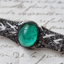 Antike Silber Brosche ART DECO 1920 Grüner Stein Solid Silver Brooch