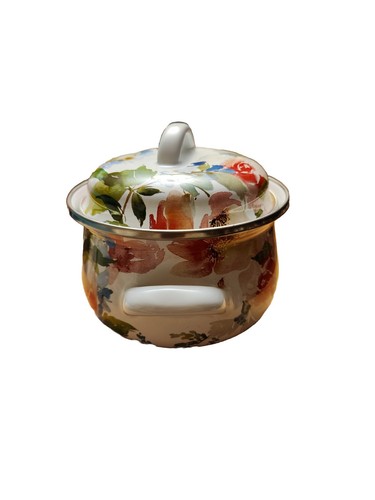 CROFTON Casserole Dish & Lid 1Qt Enameled Steel Floral 2 Piece Pam Pot Set - Picture 4 of 6