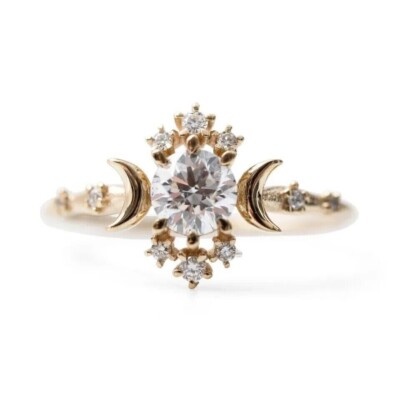 Wandering Star Moon 14K Yellow Gold Plated Sparkling Round Created Diamond Ring