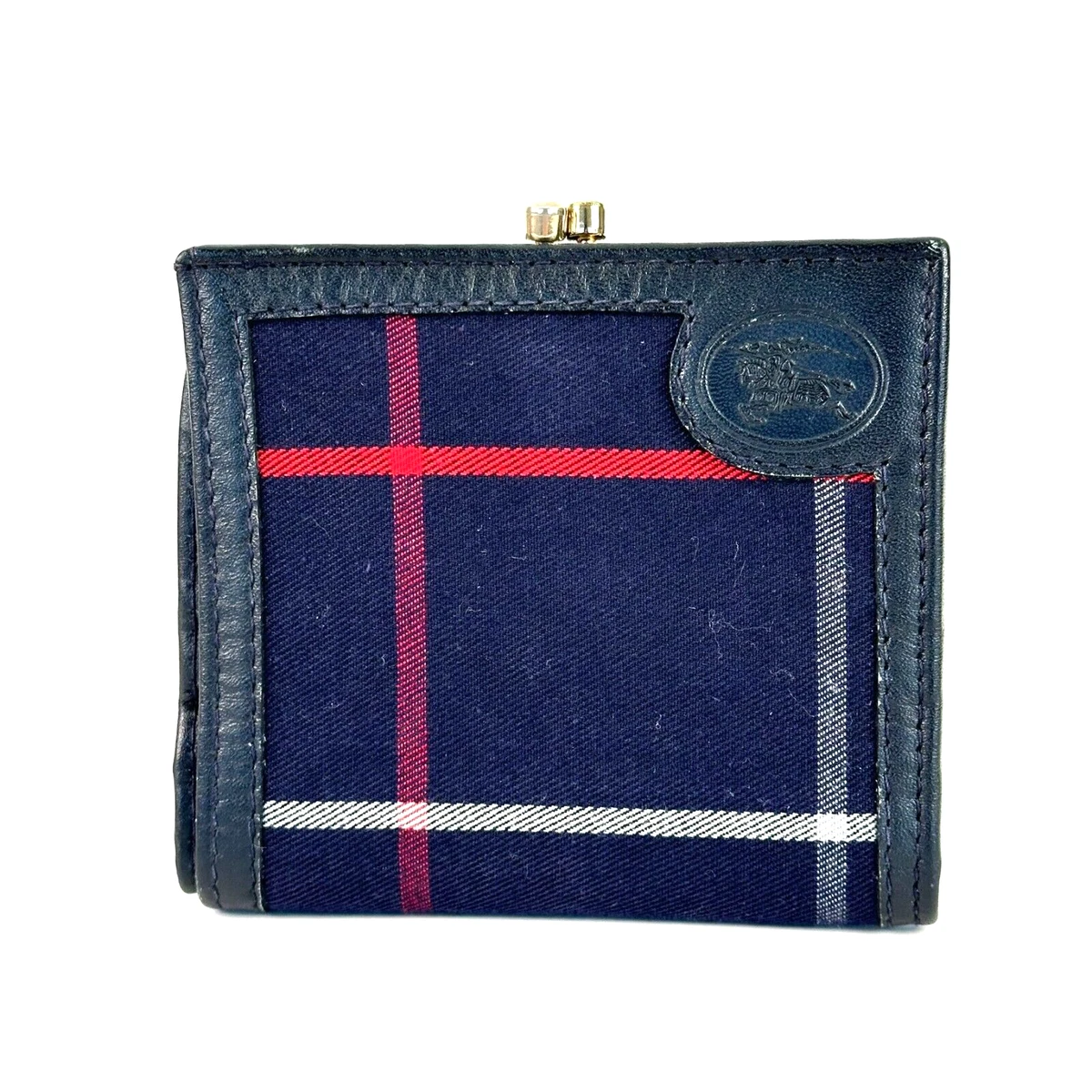 BURBERRY folding wallet Purse compact Navy Blue Hardware gold
