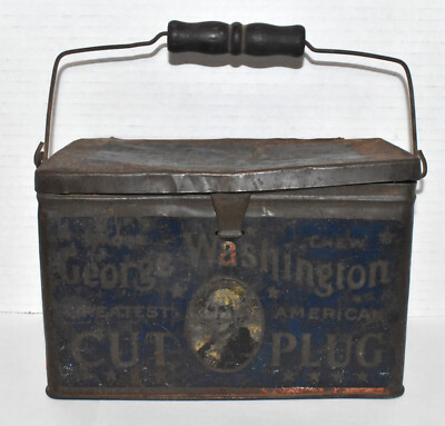 george washington cut plug tobacco tin Vintage George Washington Cut Plug Tobacco Advertising Tin Lunch Box Wood  Handle
