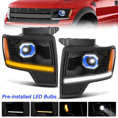 BLK Dual Led Projector Headlights Sequential LED Lamps Fit 2009-2014 Ford F-150